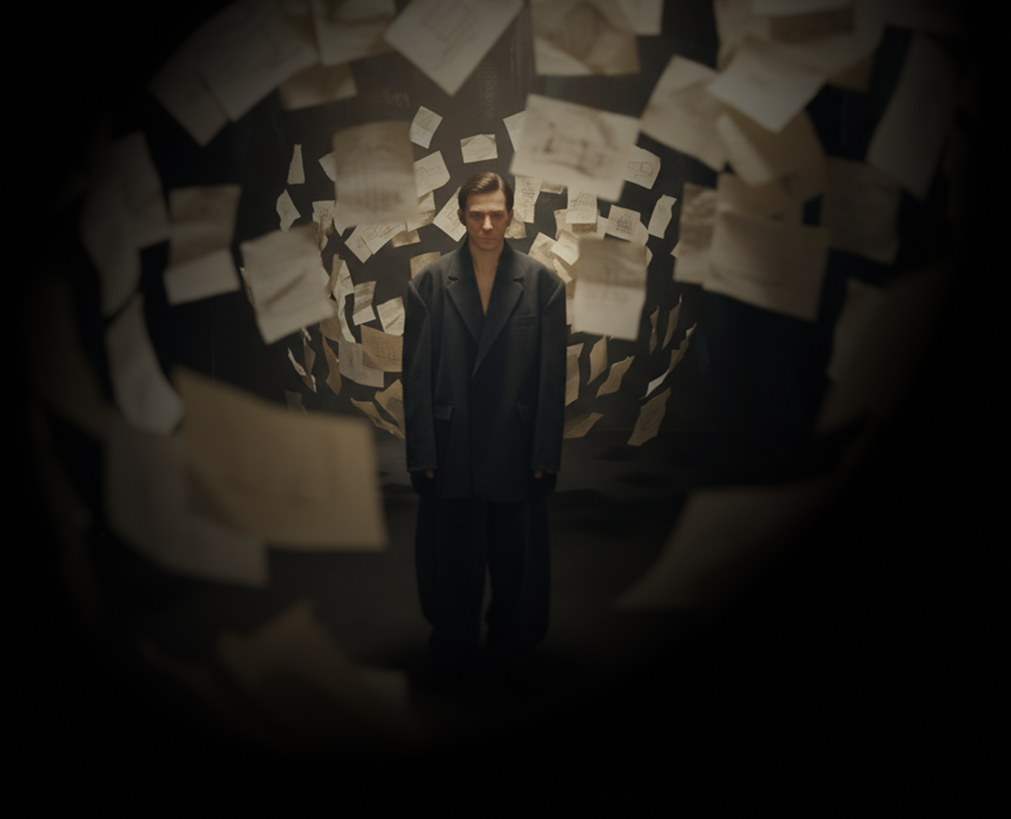 A person surrounded by swirling papers in a dark spotlit room — representing the chaos of finding an agency.